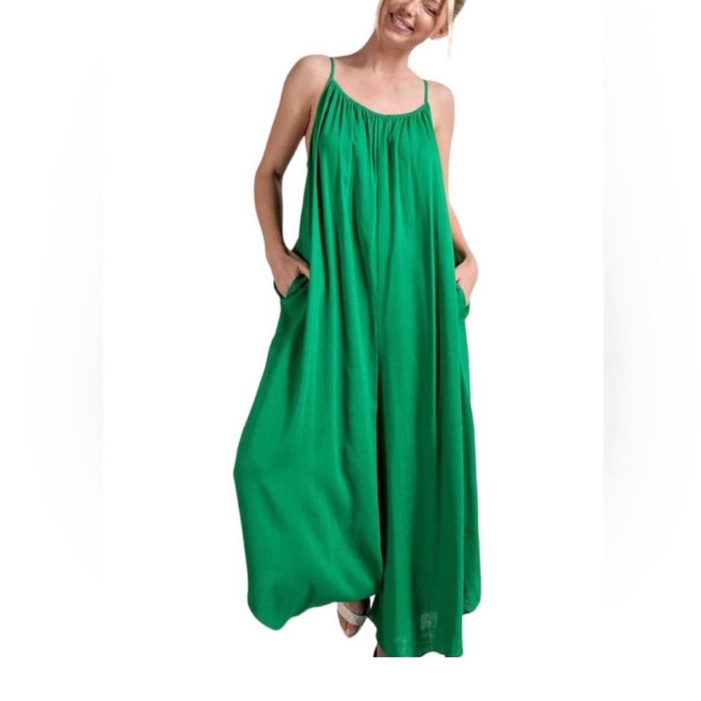 Women's Kelly Green Sleeveless Pocketed Linen Jumpsuit NWT